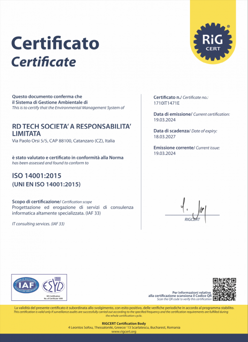 Certificato certificazione iso-14001 RD Tech